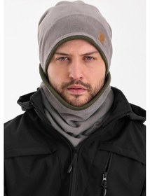 Resim Erkek Polar Dış Kaşkorse Pamuklu İç Kısım Çift Renk Çift Katman Katlanabilir Bere Boyunluk Takım - Standart / Gri-haki Gri-haki 