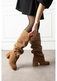 Resim Shoetek Asle Kadın Çizme Kalın Topuklu Hakiki Deri Süet Vizon Vizon 