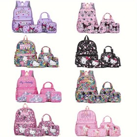Resim Merhaba Kitty ve for kuromi için 4 parça set: Sırt Çantası, Kalem Kutusu, Omuz Çantası, Cüzdan - Dayanıklı Malzeme, Ayarlanabilir Omuz Askıları, Fermuar Kapatma - Seyahat ve Hediye için Mükemmel Seçim 