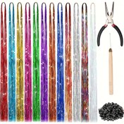 Resim 12 adet EZ&AS Markası - Isıya Dayanıklı 48/36 inç Parıltılı Parlak Tinsel Saç Uzatma Seti, 12 Renkli Glitter Peri Saç Tinsel İplikleri, Sentetik İpek Kombin Tinsel Kadınlar ve Kızlar İçin, Saç Aksesuarları, EZ&A 