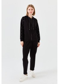 Resim Desen Triko Kadın Triko Taş Baskılı Kapüşonlu Yazlık Sweatshirt Siyah Siyah 