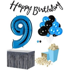 Resim 9 Yaş Mavi-siyah Balon Rakam Folyo Banner Mısır Kutusu Masa Eteğ 