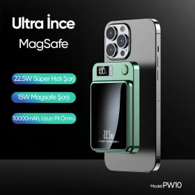 Resim Phixi Force PW10 10000mAh 22.5W MagSafe Powerbank - Kablosuz Mini Şarj Cihazı - 1 USB 1 PD Port - Dijital Ekran - Taşınabilir Şarj Cihazı 
