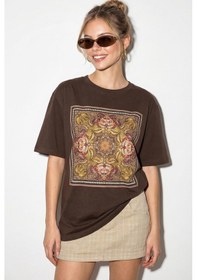 Resim Shade Kadın Etnik Desenli Boncuk İşlemeli Baskı Detaylı Oversize T-shirt 2128 60286123 - Kahverengi 