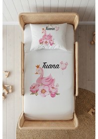 Resim %100 Pamuk Saten İsme Özel İsimli 100x200 Tek Kişilik Lastikli Çarşaf Seti Kuğu Beyaz 