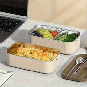 Resim 3 Parça Set (1 Öğle Yemeği Kutusu + 1 Çubuk + 1 Kaşık) 304 Paslanmaz Çelik Çift Katmanlı Mikrodalga Güvenli İzole Bento Kutu, Sızdırmaz Tasarım Çoklu Bölümlü 