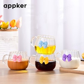 Resim Sevimli Fiyonklu Çizgili Cam Bardak, Kapasite 350ml, Kurşunsuz, Yıkanabilir, Çok Amaçlı Şeffaf Cam Eşya, Sevgililer Günü Hediyesi, Ramazan 