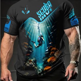 Resim Erkekler İçin Derin Deniz Macerası Dalgıç Fantazi Tur Tişört - Canlı Su Altı Manzarası Baskılı, Nefes Alabilen Polyester Kumaş, Normal Kesim Hafif Esnek Yazlık Günlük ve Hafta Sonu Giyim, Rahat Stil, Göz Alıcı Tasarım, Yumuşak Dokulu Kısa Kollu Tişört, Açık Hava Tutkunları 