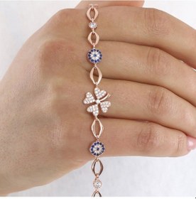 Resim Yonca Yaprağı Ve Nazar Boncuğu Gümüş Bileklik Gümüş 