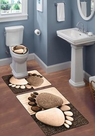 Resim Modern Desenli Dijital Baskı 3’lü Banyo Paspas Takımı Yıkanabilir Kaymaz Tabanlı Klozet Takımı KLZ0055 