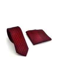 Resim Gaffy Siyah Küp Desenli Kırmızı Dokuma Kumaş Mendilli Slim Fit Kravat // Sdk-2605-5 Kırmızı 