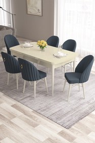 Resim Canisa Roz Serisi 80x132 Mdf Açılabilir Krem Masa Takımı Ve Gold Halkalı 6 Siyah Sandalye 