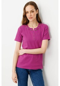 Resim Kadın Açma Yaka Boncuk İşlemeli Pamuklu T-shirt Lacivert Sıklamen 