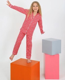 Resim Düğmeli Kız Uzun Kollu 'hoho' Model Pijama Takımı Fuşya 