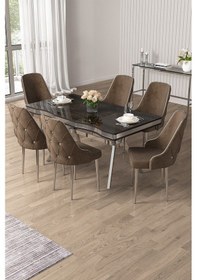 Resim Canisa Vae Serisi 90x160 Lak Panel Antrasit İroni Krom Ayak Masa Takımı 6 Kahve Sandalye Gri 