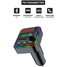 Resim Bluetooth Araç İçi Fm Transmitter Pd + 3.1a Hızlı Şarj Çift Usb Rgb Led Ekranlı Müzik Çalar 