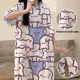 Resim Kadın Yaz Karikatür Kedi Baskılı Bol Kesim Romper - Kısa Kollu Yuvarlak Yaka Cep Detaylı, Dört Katlı Toka Tasarımı, Yetişkinler İçin Rahat Uyku Giysisi, Sevimli Pijama, Canlı Tasarım, Rahat Uygunluk 