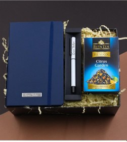 Resim Kişiye Özel Mavi Defter & Beyaz Roller Kalem & Beta Tea Bitki Çayı Hediye Seti 