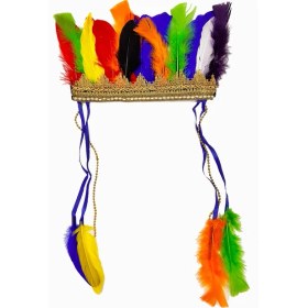 Resim Rengarenk Tüylerle Işlenmiş Lastikli Kızılderili Başlığı 