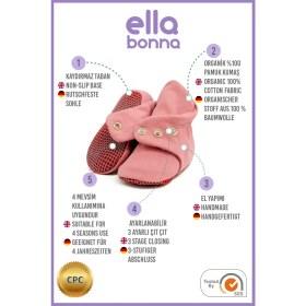 Resim Ella Bonna Organik Pamuk Bebek Pandufu, Kaydırmaz Taban, Yenidoğan Patiği, Ev Kreş Ayakkabısı, Gül Kurusu 