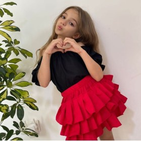 Resim özge başaran Kız Çocuk Kırmızı Fırfırlı Etek Balon Kol Siyah Bluz Kırmızı Bandana Set.-6-9 Ay 