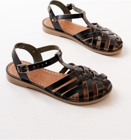 Resim 205-02 Siyah Ortopedik Hakiki Deri Kadın Sandalet Altın - Taba 