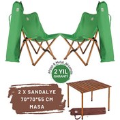 Resim Kahverengi İskelet Yeşil Kılıf Sandalye ve 70x70x55 CM Kahverengi Ahşap Katlanır Masa Seti Bag The Joy
