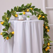 Resim Yeşil yapraklar ve sarı limonlarla gerçekçi plastik sahte citrus dalları içeren 1 adet Lush Yapay Limon Sarmalı - Tatil partileri, açık hava bahçesi, soba, patio, bahar ve yaz ev dekorasyonu, festivite dekorasyon, klasik tarz, elektrik gerektirmez 