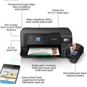 Resim SARVONA Epson L3560 Meaf Yazıcı-Tarayıcı-Fotokopi Renkli Mürekkep Tanklı Yazıcı Wi-Fi Ekranlı 