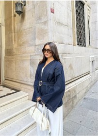 Resim mega lucky Kadın Lacivert Denim Ceket Kemerli Modern Tasarım 