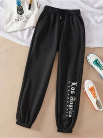 Resim Unisex Rahat Kalıp Los Angeles Baskılı Paçası Lastikli Siyah Eşofman Alt Siyah 