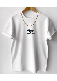 Resim Hırsch Unisex Oversize Beyaz Bisiklet Yaka Mustang Baskılı T-shirt BEYAZ 