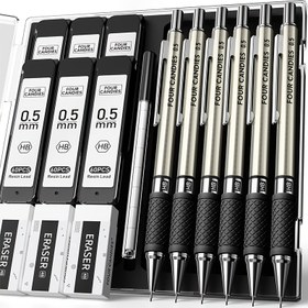 Resim Dört Şeker Metal Mekanik Kalem Seti - 6 adet 0.5mm/0.7mm/0.9mm Sanat Mekanik Kalemler ve 360 adet HB Kurşunlu Dolgular ve 3 adet Silgiler ve 9 adet Silgi Dolguları, Yazmak, Çizmek için Çizim Mekanik Kalemleri - Cas ile 