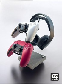 Resim Gri Granit Ahşap Ve Siyah Metal Gaming Ps4 Ps5 Xbox Joystick Controller Tutucu Ve Kulaklık Dikey Standı 