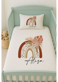 Resim %100 Pamuk İsme Özel İsimli 100x150 Cm Pike Seti Kahverengi Çiçekli Gökkuşağı 