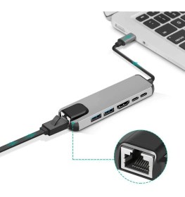Resim Flagen 6 In 1 Macbook Uyumlu Type-C™ To 4K HDMI Tv Projeksiyon Ultra Hd 1080P 2* Type-C 2* USB 3.0 100MBPS Ethernet Lan 6ın1 Çevirici Hub Adaptör 