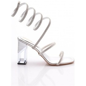 Resim Dgn 2024 Kadin İpli Bileği Saran Topuklu Abiye Ayakkabi 2024-1557-R9099 Gümüş 