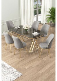 Resim Canisa Lai Serisi 90x168 Lak Panel Antrasit Ironi Gold Ayak Masa Takımı 6 Gri Sandalye Antrasit İroni Masa Gri Sandalye Ayaklar Gold 