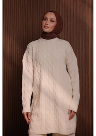 Resim Balenbi Kadın Oversize Saç Örgü Desen Pantolonlu Tesettür Triko Takım 1135 Krem 