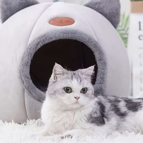 Resim Kedi yuvası. Kedi karyolası. Konforlu ve Yumuşak Pelüş Kumaş, Kalınlaştırılmış Tüylü, İçten Sıcacık Rahatlığa sahip Sevimli Kedi Başlıklı Desen. Şirin tasarımıyla soğuk günlerde sıcak tutan bir evcil hayvan dostu uyku alanı. Kolay temizlenebilir pet be 