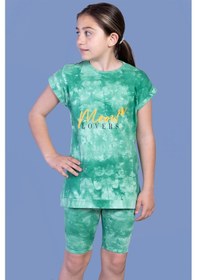Resim Toontoy Kids Toontoy Kız Çocuk 2'li Takım Baskılı Bisiklet Yaka T-shirt & Basic Düz Crop Tayt Yeşil 