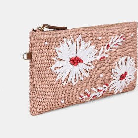 Resim Desa Kadın Somon Çiçek Motifli Boncuklu Hasır Clutch 