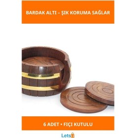 Resim Fıçı Şeklinde Kutulu 6 Adet Pirinç Yuvarlak Ahşap Bardak Altı 1 Adet 