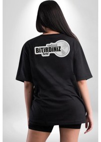 Resim Yediniz Bitrdiniz Beni Yazılı Pamuklu Unisex Oversize Sırt Dijital Baskılı Siyah T-shirt Siyah 