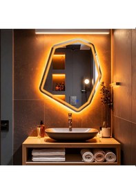 Resim Fluxus Amber Led'li Lazer Kumlamalı Lavabo & Banyo Aynası Dokunmatik Sensörlü 70 X 60 Cm Turuncu 