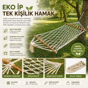 Resim Mersi Shop Tek Kişilik Ip Hamak Ahşap Çıtalı Bahçe Balkon Kamp Hamağı 80 kg Taşıma 