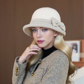 Resim Kadın Vintage Esintili Fiyonklu Buckett Şapka - Fırfırlı Kenarlı Şık Kışlık Şapka, Günlük veya Resmi Etkinlikler İçin Mükemmel, Elde Yıkama veya Kuru Temizleme, Kışlık Başlık | Vintage Esintili Tasarım | Akrilik Şapka 