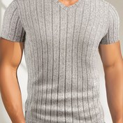 Resim Erkekler için Dokulu Çizgili Fırçalanmış Açık Hava Golf Rahat V-Yaka T-Shirt Henley Gömlek 