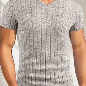Resim Erkekler için Dokulu Çizgili Fırçalanmış Açık Hava Golf Rahat V-Yaka T-Shirt Henley Gömlek 