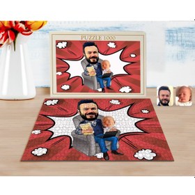 Resim Kişiye Özel Baba Oğul Karikatürlü 1000 Parça Profesyonel Puzzle-1 